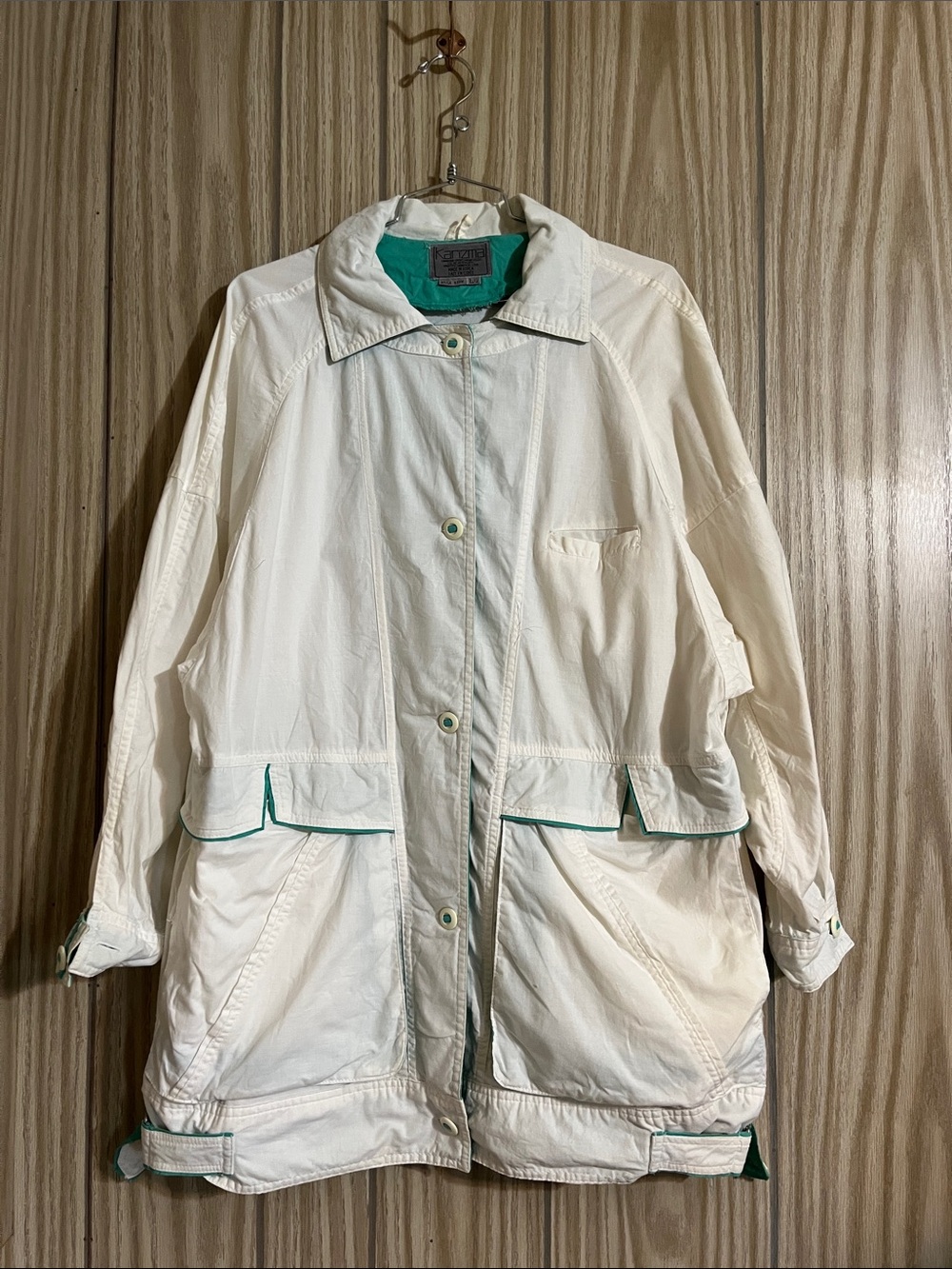 Vintage Karizma Women's white Utility Jacket with Green Trim Accents